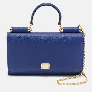 Pre Owned Dolce & Gabbana Miss Sicily Indigo Blue Leather Wallet on Chain