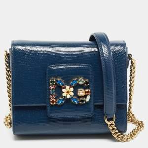 Pre Owned Dolce & Gabbana DG Millennials Navy Blue Lizard Embossed Leather Chain Crossbody Bag