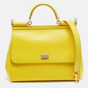 Pre Owned Dolce & Gabbana Miss Sicily Yellow Large Leather Top Handle Bag