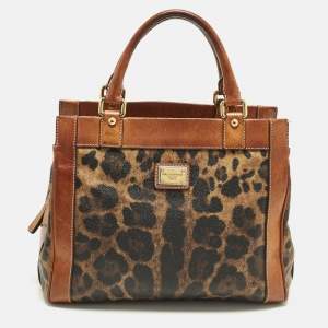 Pre Owned Dolce & Gabbana Brown Leopard Print Coated Canvas and Leather Zip Satchel