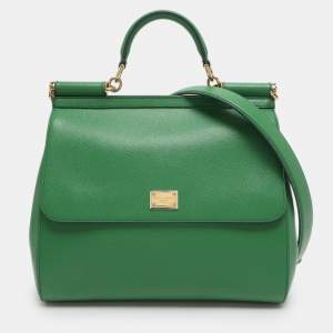 Pre Owned Dolce & Gabbana Miss Sicily Large Green Leather Top Handle Bag
