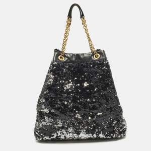 Pre Owned Dolce & Gabbana Miss Kristen Black/Silver Leather and Sequins Shopper Tote