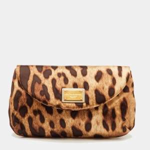 Pre Owned Dolce & Gabbana Brown Leopard Print Satin Flap Clutch