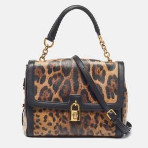 Pre Owned Dolce & Gabbana Padlock Black/Brown Leopard Print Coated Canvas and Leather Top Handle Bag