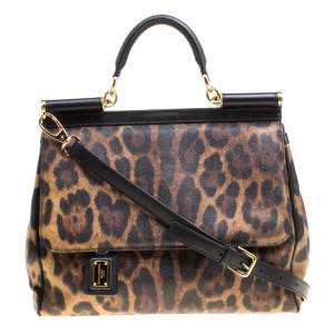 Dolce & Gabbana Brown Leopard Print Coated Canvas Large Miss Sicily Top Handle Bag
