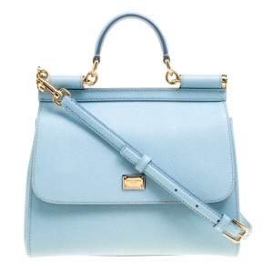 Dolce & Gabbana Baby Blue Leather Medium Miss Sicily Top Handle Bag