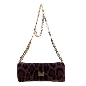 مملوكة مسبقًا Dolce & Gabbana Purple Leopard Print Calfhair Chain Clutch