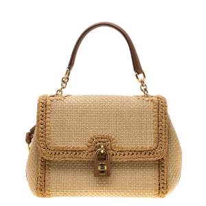 Pre Owned Dolce & Gabbana Beige Raffia and Leather Miss Dolce Top Handle Bag