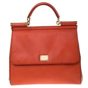 Dolce & Gabbana Orange Leather Large Miss Sicily Top Handle Bag