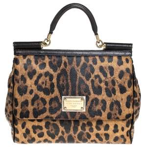 مملوكة مسبقًا Dolce & Gabbana Brown Leopard Print Coated Canvas Large Miss Sicily Top Handle Bag