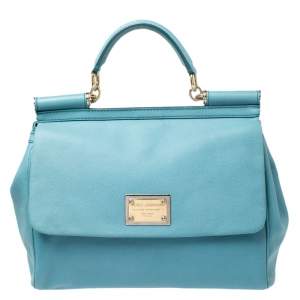 Dolce & Gabbana Aqua Blue Leather Large Miss Sicily Top Handle Bag