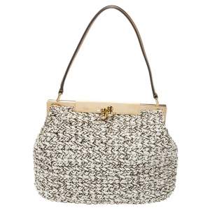 Pre Owned Dolce & Gabbana White/Dark Gold Raffia and Leather Sara Satchel