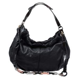 Dolce & Gabbana  Black Leather and Patent Leather Pleated Hobo