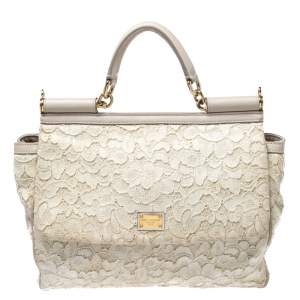 مملوكة مسبقًا Dolce & Gabbana Off White Lace Miss Sicily Top Handle Bag