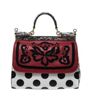 Dolce & Gabbana Black/White Polka Dots Leather Floral Cut Out Medium Miss Sicily Top Handle Bag