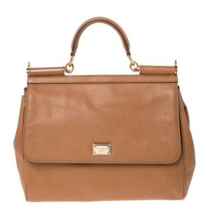 Dolce & Gabbana Tan Leather Large Miss Sicily Top Handle Bag