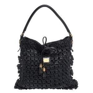 Dolce & Gabbana Black Crochet Straw and Leather Hobo 