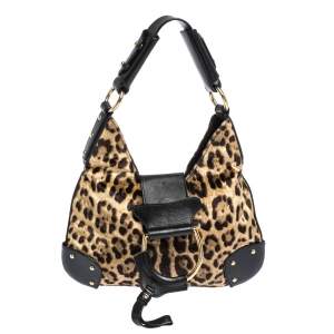 Dolce & Gabbana Black/Brown Leopard Print Velvet and Leather D-Ring Hobo
