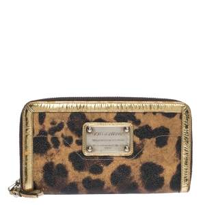 Pre Owned Dolce & Gabbana Brown/Black Leopard Print Coated Canvas and Patent Leather Zip Around Wallet