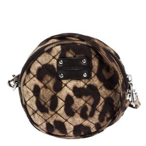 مملوكة مسبقًا حقيبة كروس دولتشي أند غابانا مستديرة صغيرة جداً قماش مطبوع نقشة الفهد بني 