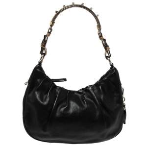 Pre Owned Prada Black Pleated Leather and Lizard Hobo