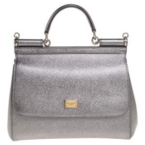 Pre Owned Dolce & Gabbana Metallic Silver Leather Medium Miss Sicily Top Handle Bag