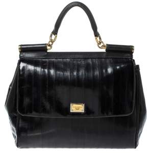 Pre Owned Dolce & Gabbana Black Striped Leather Large Miss Sicily Top Handle Bag