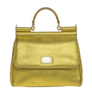 Pre Owned Dolce & Gabbana Metallic Lemon Leather Medium Miss Sicily Top Handle Bag