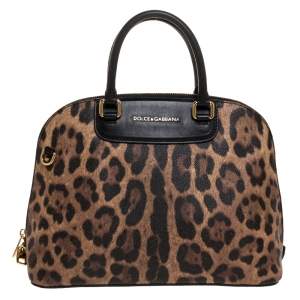 Pre Owned Dolce & Gabbana Black/Brown Leopard Print Coated Canvas and Leather Megan Dome Satchel