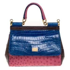 Pre Owned Dolce & Gabbana Multicolor Crocodile and Ostrich Small Miss Sicily Top Handle Bag