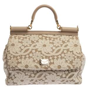 Dolce & Gabbana White/Beige Lace and Leather Large Miss Sicily Top Handle Bag