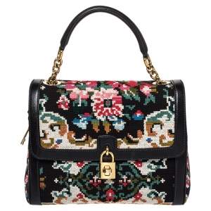 Pre Owned Dolce & Gabbana Black Cross Stitch Fabric and Leather Padlock Top Handle Bag