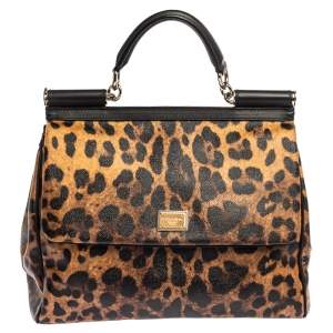 Dolce & Gabbana Brown/Black Leopard Print Coated Canvas and Leather Large Miss Sicily Top Handle Bag