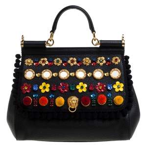 Pre Owned Dolce & Gabbana Black Leather Medium Sicily Embellished Top Handle Bag