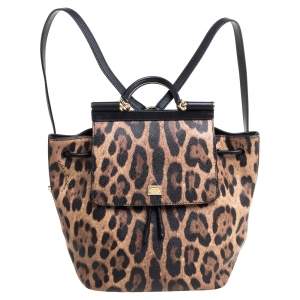 Dolce & Gabbana Black/Brown Leopard Print Coated Canvas and Leather Miss Sicily Backpack