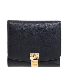 Dolce & Gabbana Black Leather Padlock Trifold Compact Wallet