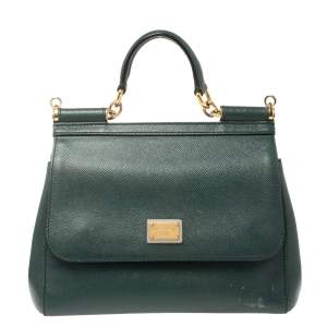Pre Owned Dolce & Gabbana Dark Green Leather Medium Miss Sicily Top Handle Bag