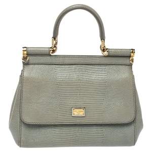 Pre Owned Dolce & Gabbana Avocado Green Lizard Embossed Leather Small Miss Sicily Top Handle Bag