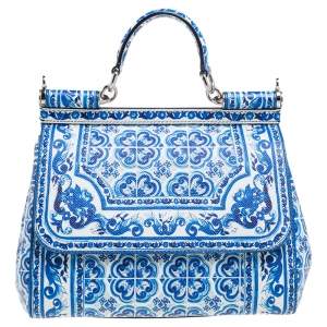 مملوكة مسبقًا Dolce & Gabbana Blue Majolica Print Leather Medium Miss Sicily Tote