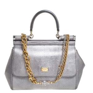 Dolce & Gabbana Silver Lizard Embossed Leather Small Miss Sicily Top Handle Bag