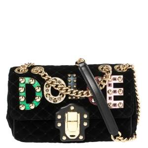 Dolce & Gabbana Black Quilted Velvet Lucia Embellished Shoulder Bag