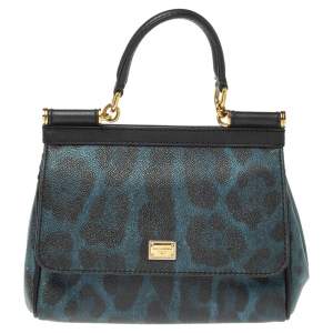 Dolce & Gabbana Black/Blue Leopard Print Coated Canvas and Leather Small Miss Sicily Top Handle Bag