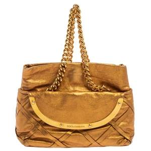 مملوكة مسبقًا Dolce & Gabbana Gold Leather Miss Camp Chain Tote