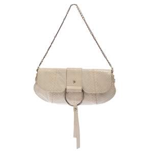 Pre Owned Dolce & Gabbana Off White Snakeskin D Ring Flap Baguette Bag