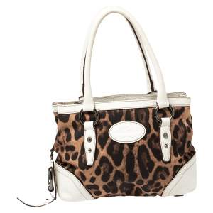 Dolce & Gabbana White/Brown Animal Print Fabric and Leather Satchel