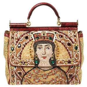 Pre Owned Dolce & Gabbana Multicolor Embroidered Fabric and Python Trim Queen Regina Large Sicily Top Handle Bag