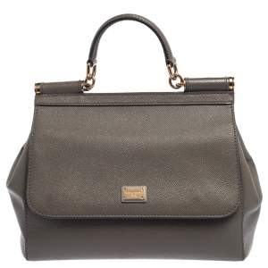 Dolce & Gabbana Grey Leather Medium Miss Sicily Top Handle Bag