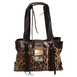 Pre Owned Dolce & Gabbana Beige/Brown Leopard Print Canvas And Leather Tote