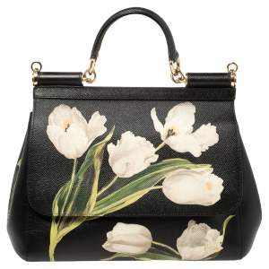 Pre Owned Dolce & Gabbana Black Tulip Print Leather Medium Miss Sicily Top Handle Bag