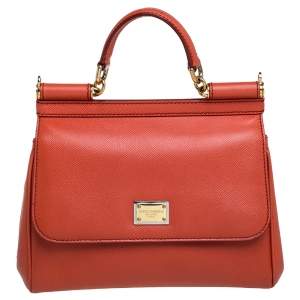 Pre Owned Dolce & Gabbana Orange Leather Medium Miss Sicily Top Handle Bag